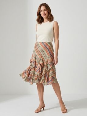 Ralph Lauren Striped Ruffle Midi Skirt in Cream, Tan, Green & Orange Size Small